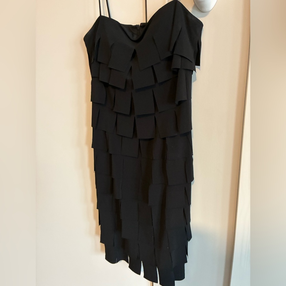 JS Collections sz12 Black Strapless Layered Fringe Dress